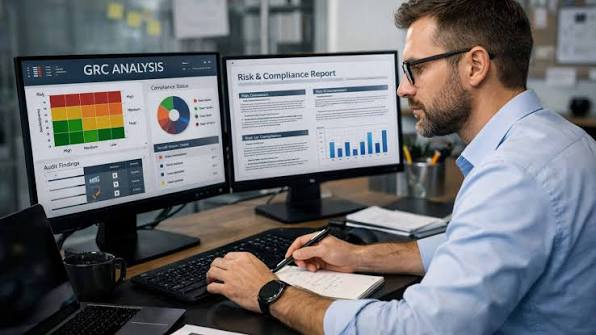 GRC analyst reviewing risk and compliance dashboards
