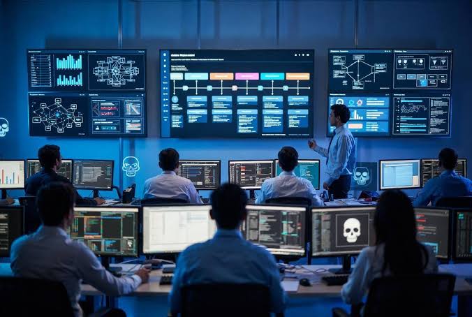 Incident response team monitoring dashboards in a security operations center