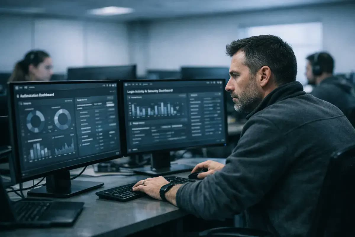 Security analyst monitoring authentication and login activity dashboards across dual screens